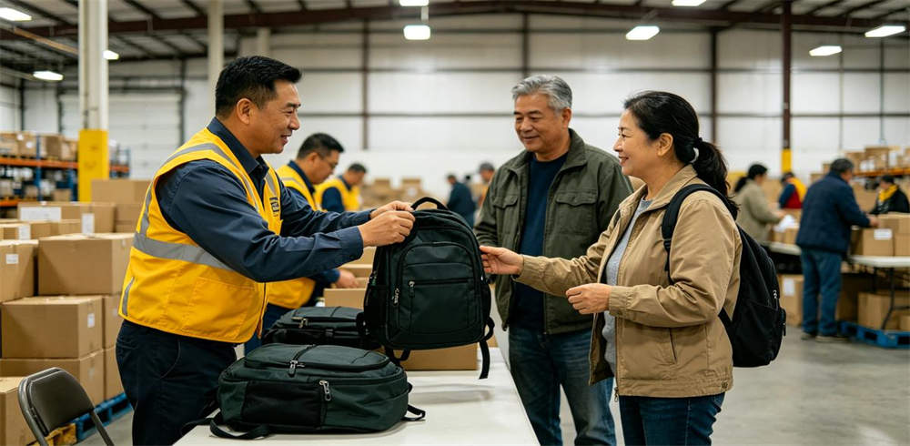 Government workers distributing emergency kits to people at community center warehouse Government workers distributing emergency kits to people at community center warehouse