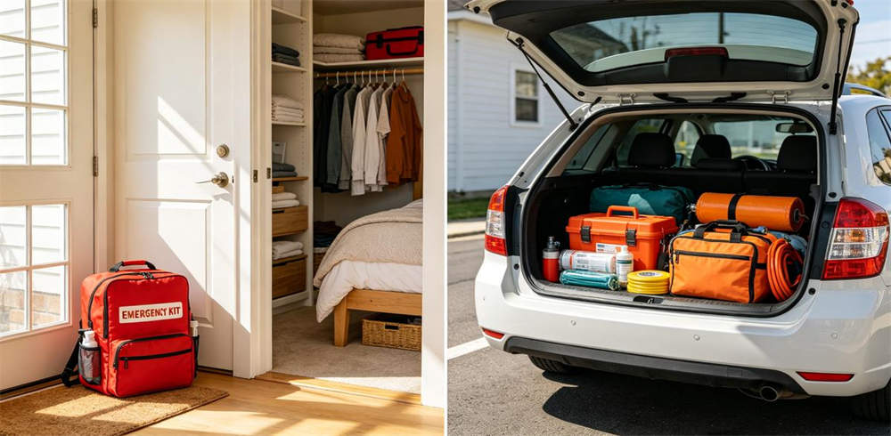Emergency kit storage locations by front door bedroom closet and car trunk split view Emergency kit storage locations by front door bedroom closet and car trunk split view