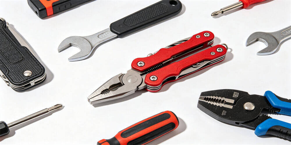 Emergency multi‑tools collection on white background, folding multi‑plier, wrenches and screwdrivers, practical hand repair tools for disaster survival, workplace emergency and B2B bulk procurement