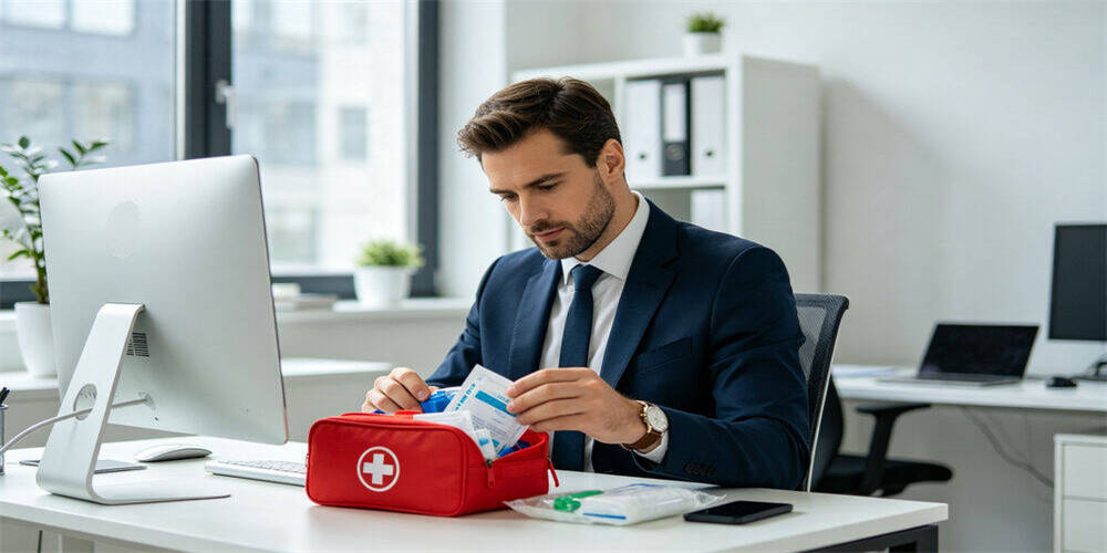 Emergency kit, businessman inspecting red first‑aid kit on office desk, workplace emergency medical supplies for corporate safety preparation and business office B2B bulk order procurement