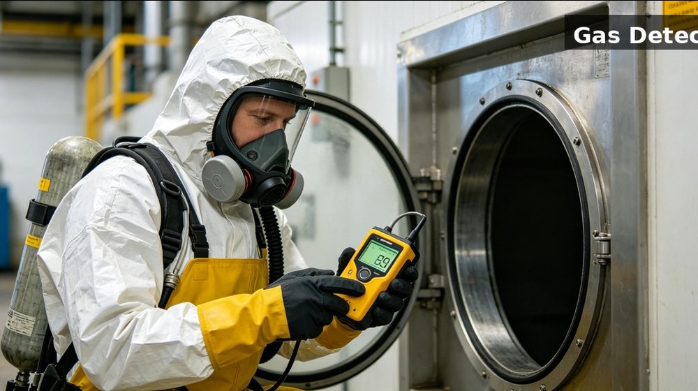Hazmat technician using a portable gas detector before confined-space entry at an industrial facility