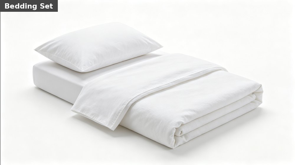 Hospital field medical supply image showing white cotton bedding set white background for temporary clinics, disaster response and institutional procuremen Hospital field medical supply image showing white cotton bedding set white background for temporary clinics, disaster response and institutional procuremen