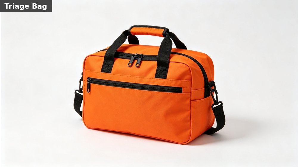 Hospital field medical supply image showing orange triage response bag white background for temporary clinics, disaster response and institutional procuremen