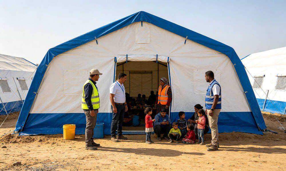 Blue emergency frame shelter tent in use at disaster relief camp with aid workers helping families