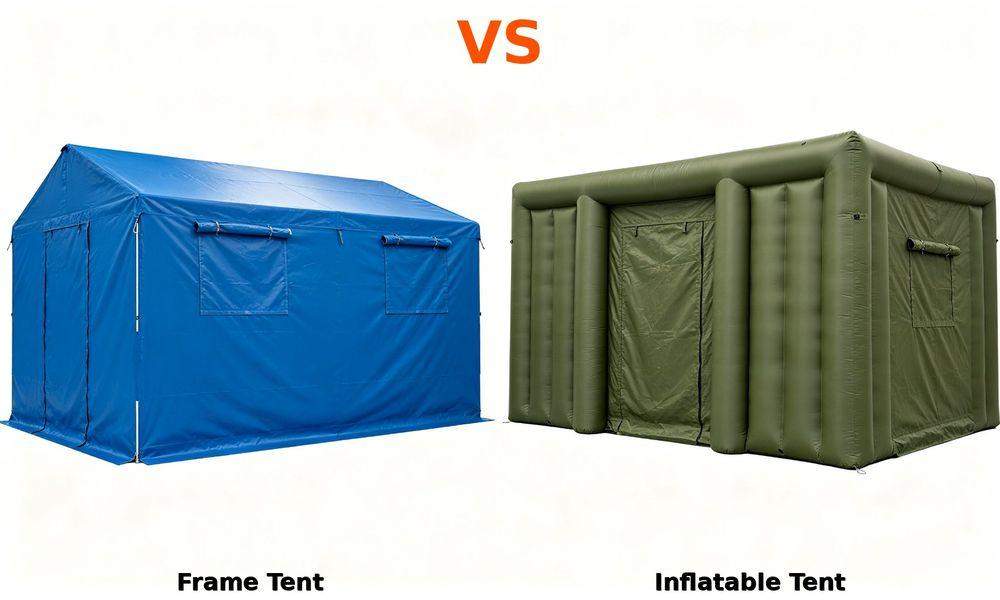 Emergency frame tent and inflatable tent side by side comparison on white background showing structure difference