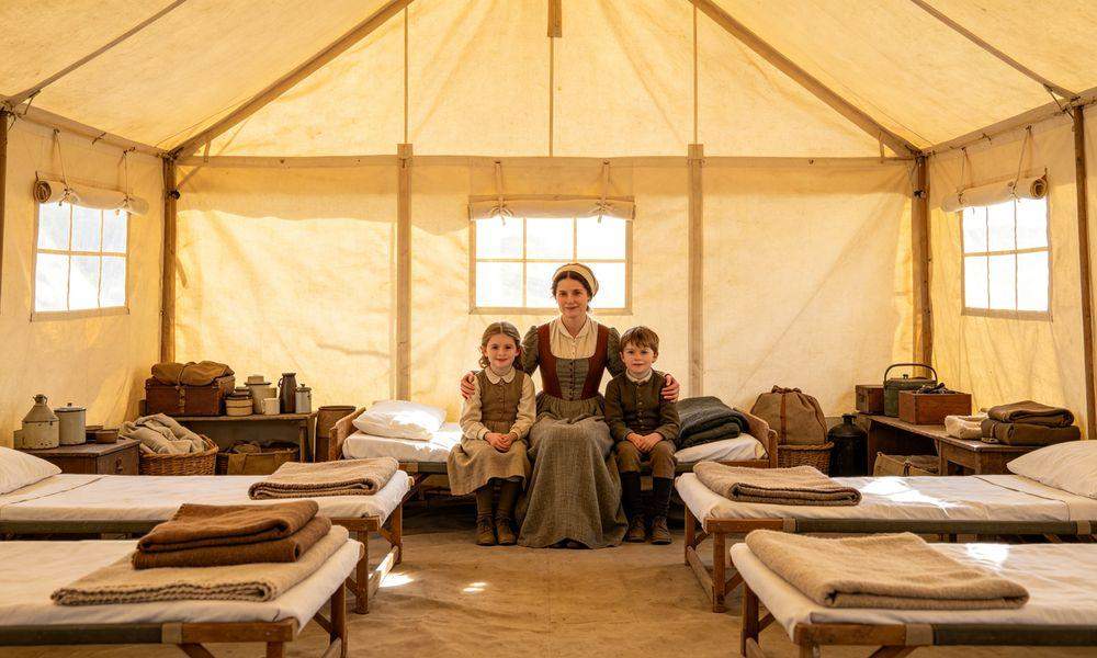 Emergency frame tent at disaster relief camp with relief workers helping displaced families at entrance