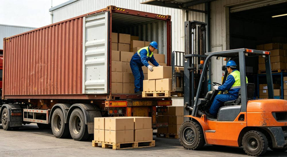 Container loading of bulk protective clothing order with forklift, shipping and logistics