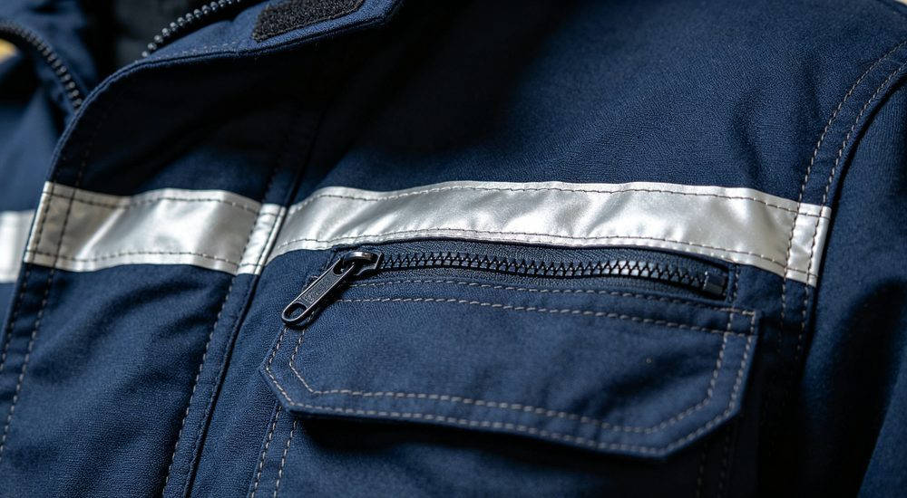 Close-up detail of silver reflective trim on navy firefighter suit with zipper and pocket