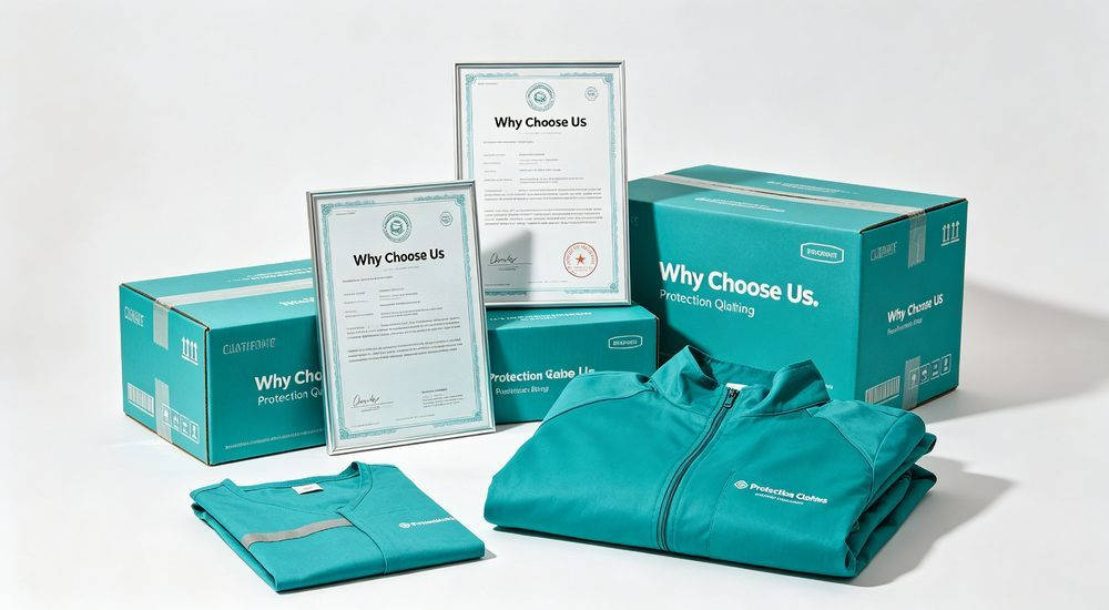 Business concept showing protective clothing products with quality certificates and shipping boxes, supplier advantages