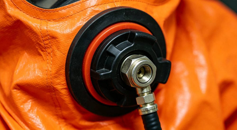 Close-up detail of Level A chemical suit inlet valve and pressure regulator on orange fabric