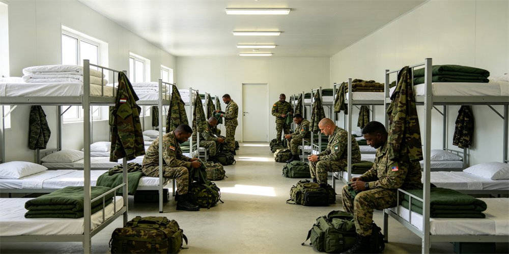 NATO military field exercise with cold weather thermal blankets and winter sleeping bags for troops