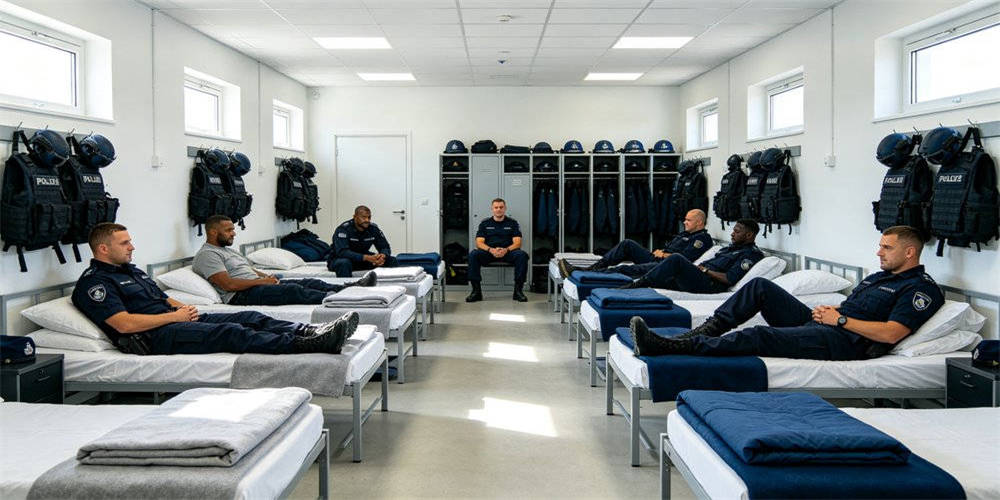 Police station checkpoint winter duty with wool blanket and cold weather sleeping bag Police station checkpoint winter duty with wool blanket and cold weather sleeping bag