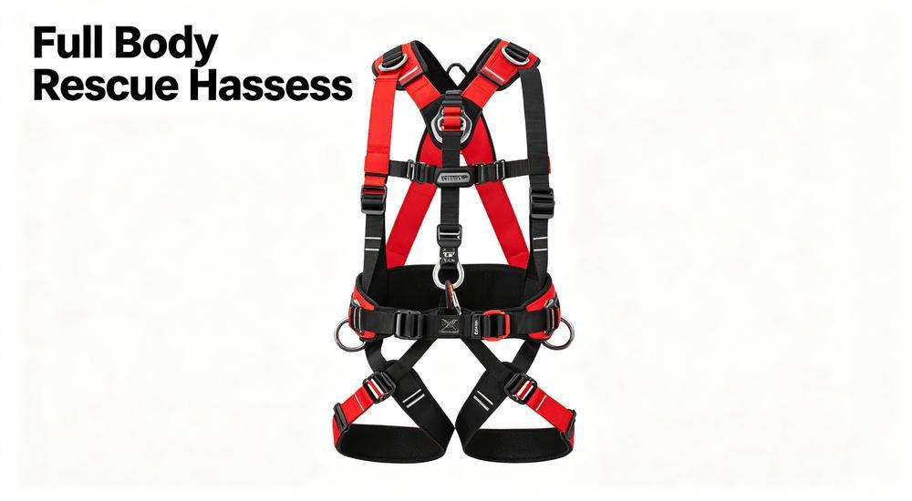 Full body rescue harness for vertical rescue and rope access on white background