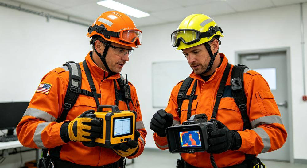Rescue team reviewing detection equipment parameters and technical specifications