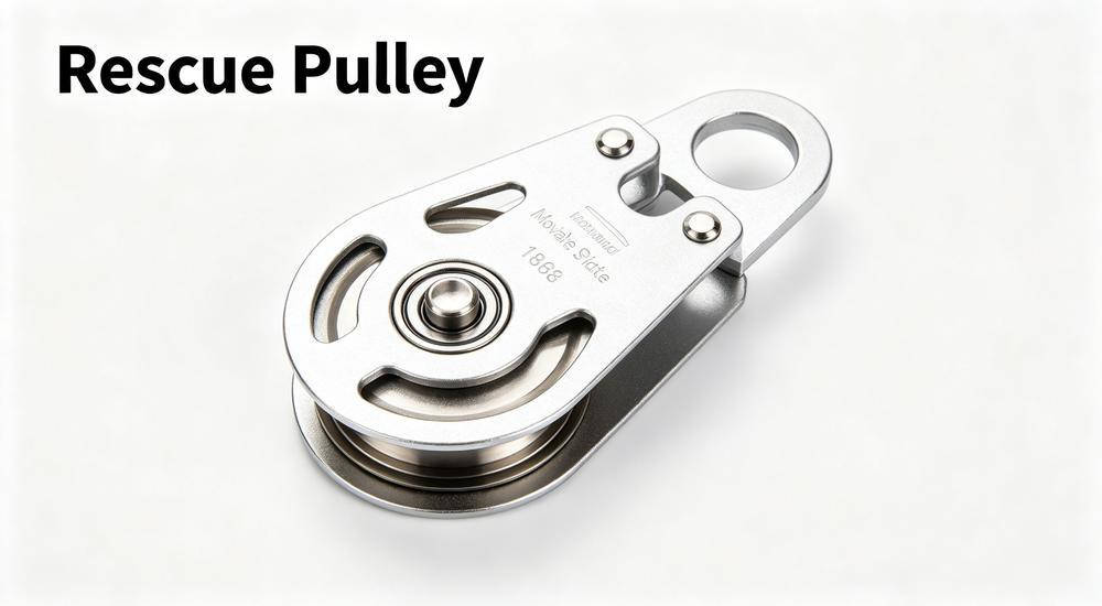 Aluminum rescue pulley for rope rescue systems and related equipment on white background