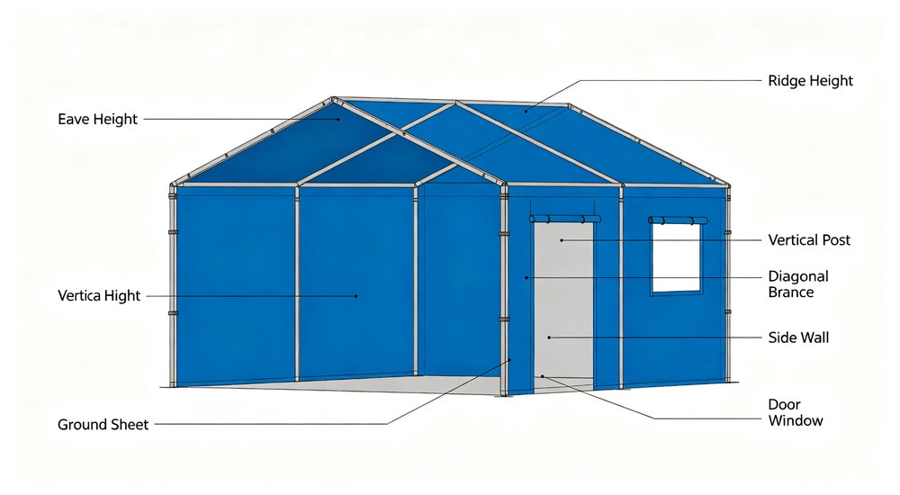 Frame tent parts labeled diagram side view