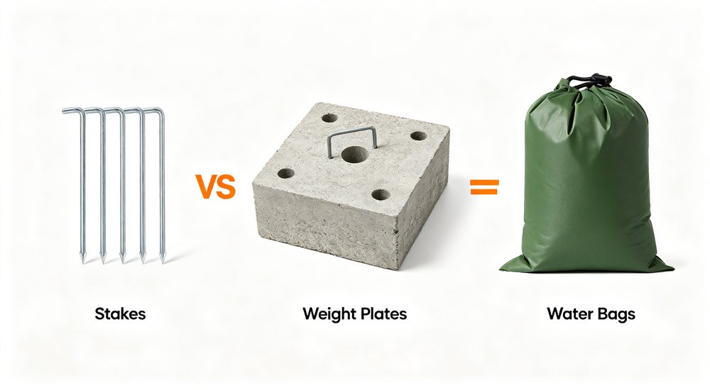 Tent anchoring methods comparison stakes weight plates water ballast