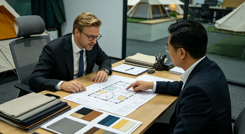 International buyer reviewing layout with Chinese supplier