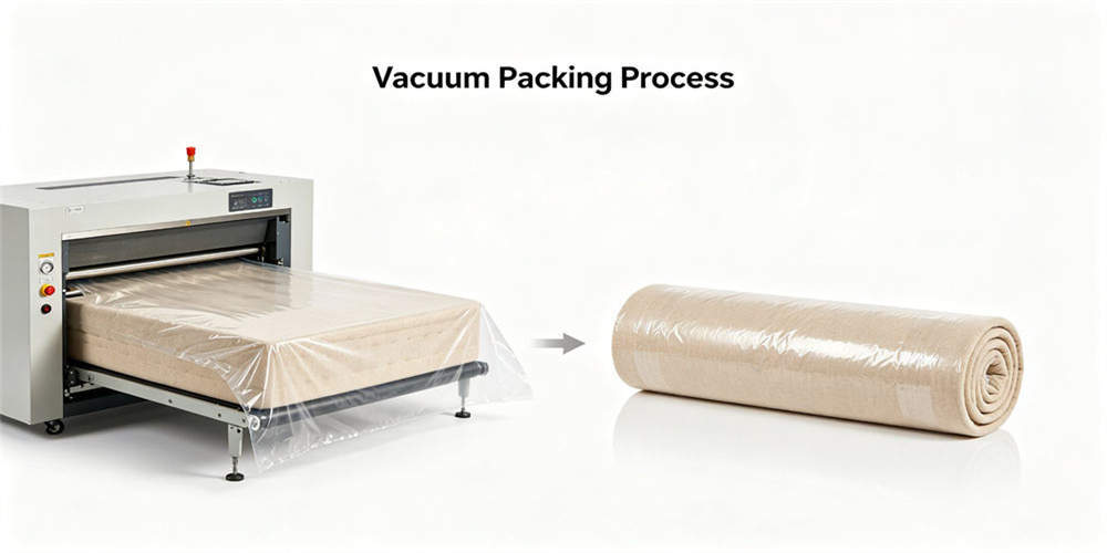 Vacuum packaging equipment compressing a finished foam mattress into a roll for bulk shipment during export packing.