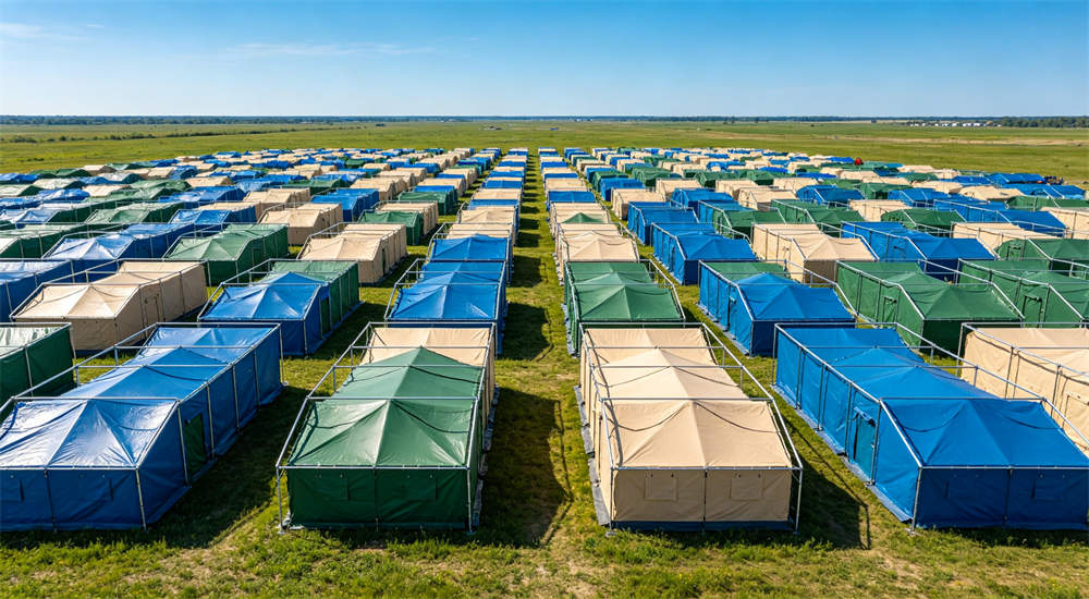 Aerial wide view of outdoor relief frame tent camp overview with blue green beige tents arranged in neat rows on grassy field under clear blue sky