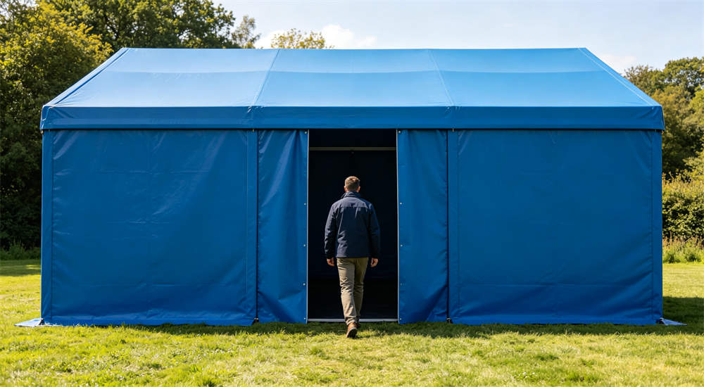Eye-level view of outdoor relief frame tent person entrance in blue showing main door opening with zipper and fabric ties for human access
