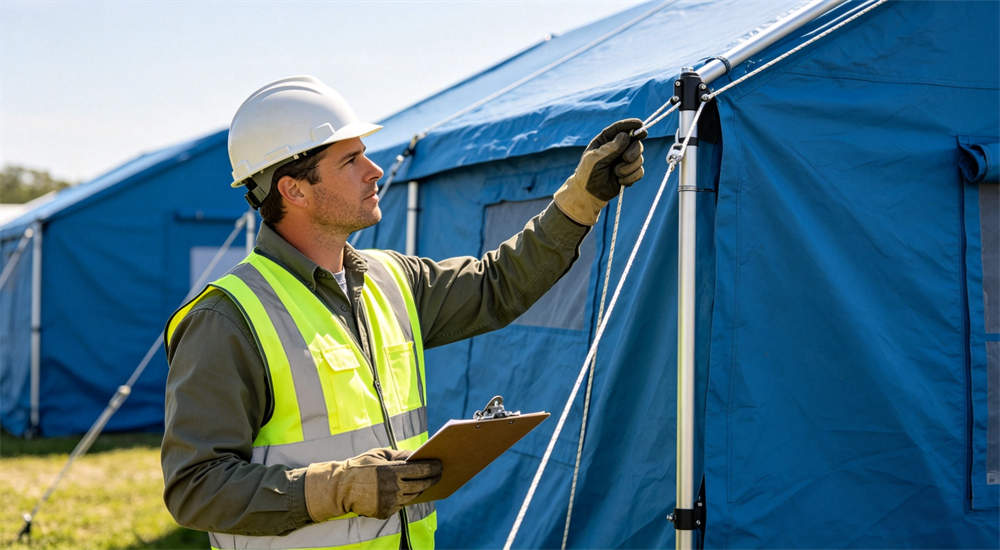 Dark blue outdoor relief frame tent used as medical triage station with professional medical setup and patient assessment area inside emergency shelter