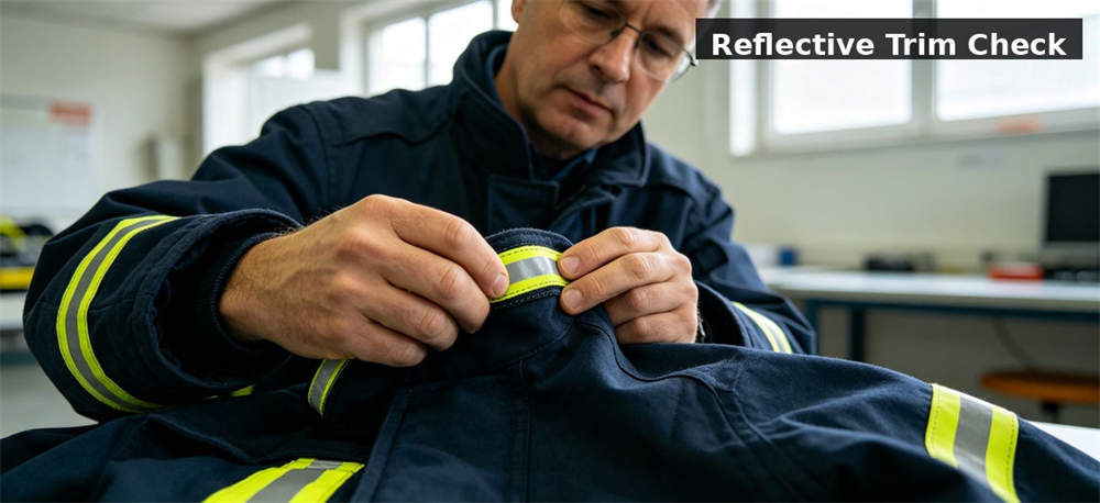 Inspector checking reflective trim for institutional procurement, inspection and supply planning