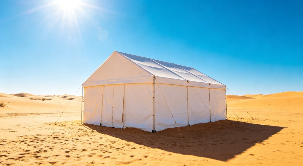 Exterior climate test shot of relief frame tent with UV resistant tarpaulin material set up in hot sunny desert environment, beige and white fabric showing color stability and heat reflection under direct sunlight