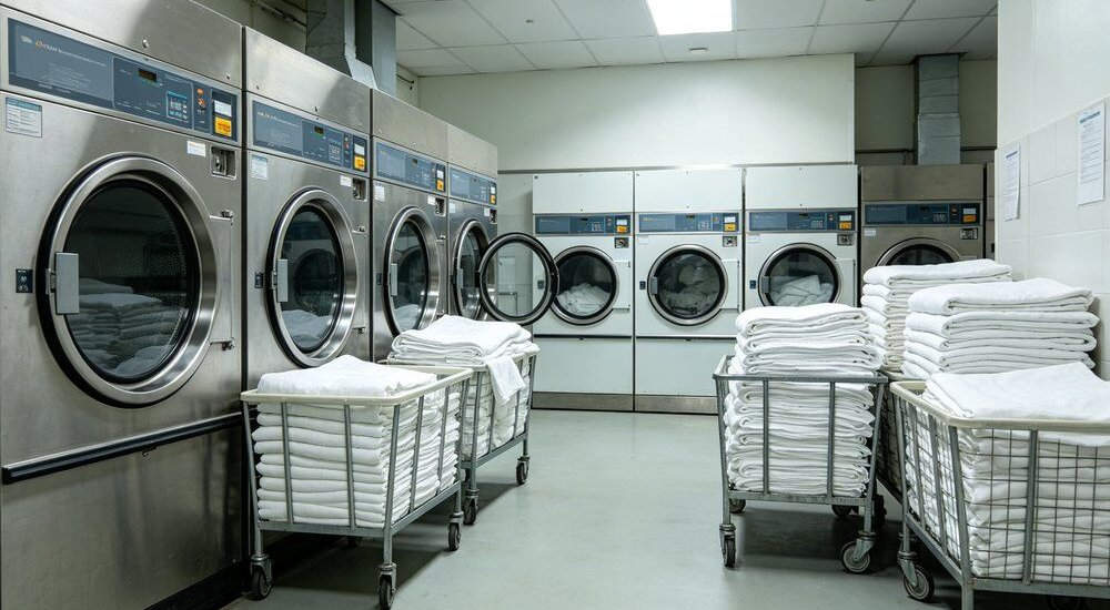 Commercial institutional laundry facility washing bulk bedding sets