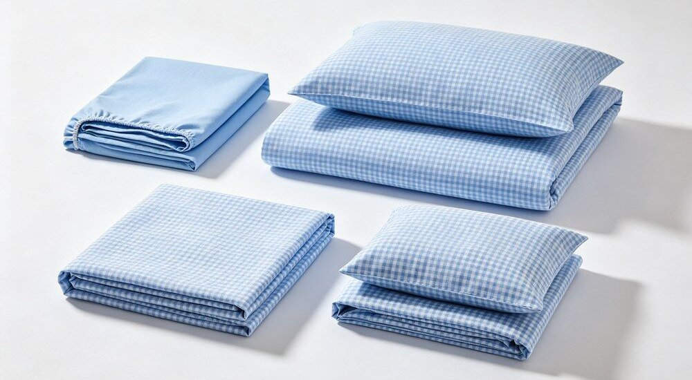 Gingham bedding flat lay showing pattern scale and color variations