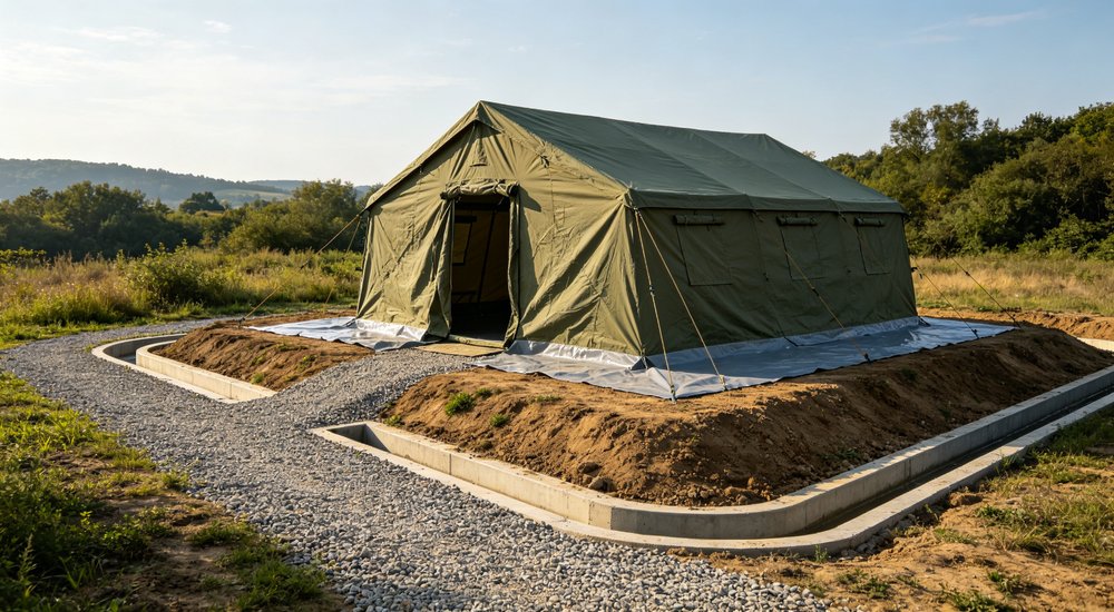 Site preparation photograph of olive green relief tent set up on elevated ground mound, surrounding drainage channels and earth berm visible showing flood prevention and proper site elevation for rainy region emergency camps