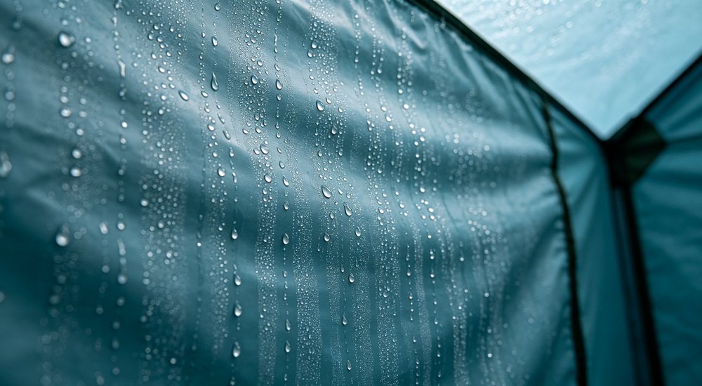 Interior macro photograph showing condensation droplets forming on teal blue PVC tent tarpaulin inner surface, moisture buildup and water drops visible demonstrating humidity management challenge in tropical climate emergency shelters