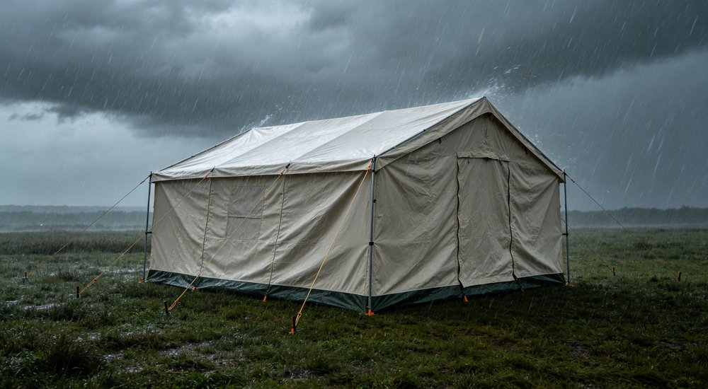 Storm weather action shot of beige relief tent remaining stable during windy rain conditions, tent structure and fabric tension visible showing wind and rain resistance performance for severe weather emergency shelter deployment