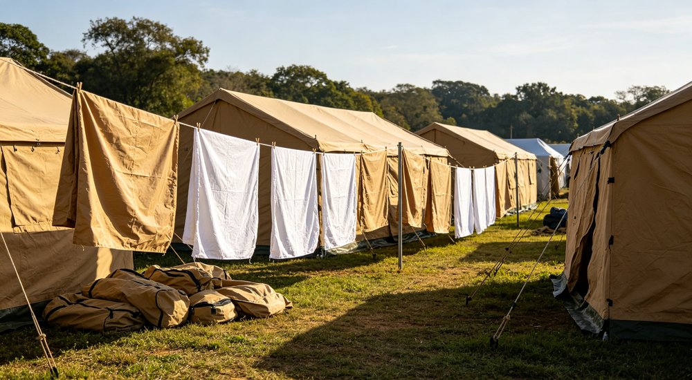 Storage facility photograph of khaki relief tent tarpaulin hanging on outdoor drying lines, fabric airing and drying process visible showing proper storage preparation and mold prevention for emergency shelter equipment maintenance
