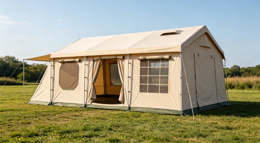 Exterior detail photograph of beige relief tent showing all opening types including main door mesh window and roof vent, multiple access and ventilation points visible demonstrating climate-adapted emergency shelter design features