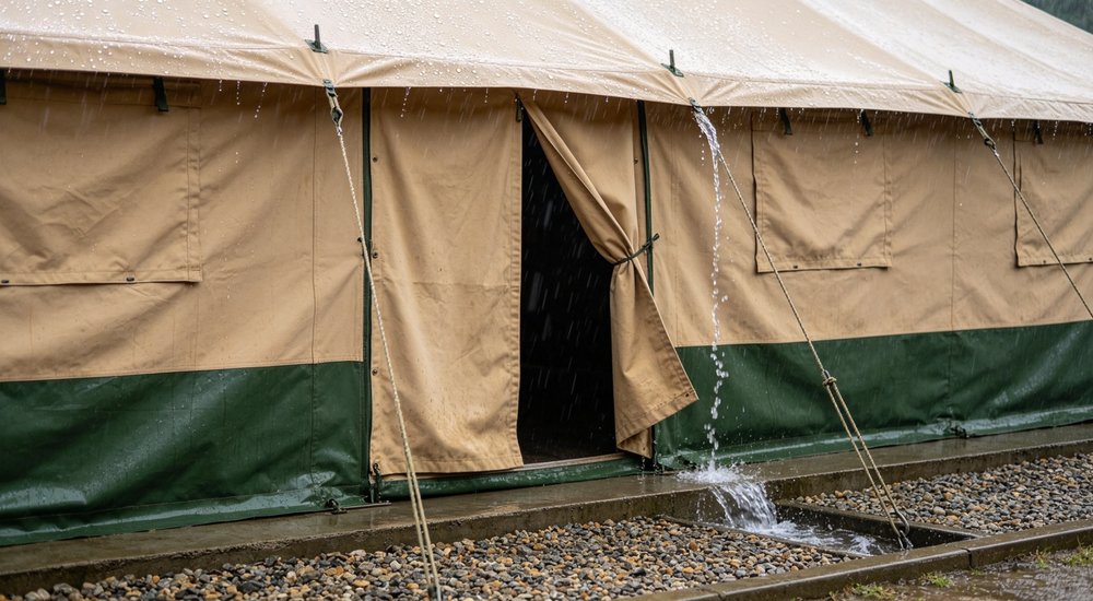 Entrance detail photograph of beige relief tent with elevated rain-protected door design, raised threshold and rain flap visible showing water ingress prevention at entry point for rainy climate emergency shelter deployment