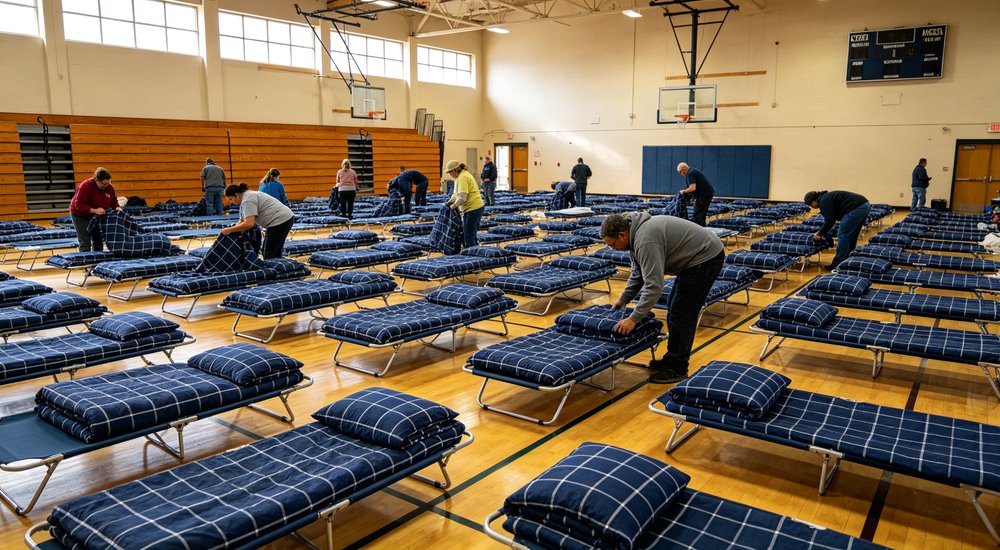 Wide-angle panoramic view of emergency shelter gymnasium hall with rows of navy blue checkered three-piece emergency bedding sets on folding cots showing volunteers arranging bedding