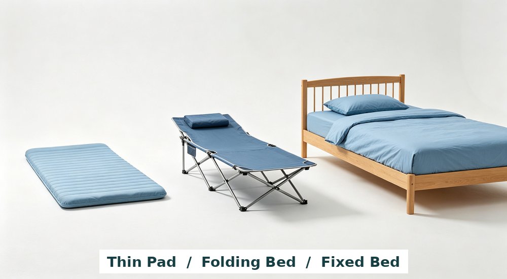 Split-view comparison of three bed types thin foam pad metal folding cot and fixed single bed with sky blue bedding showing size difference on white background