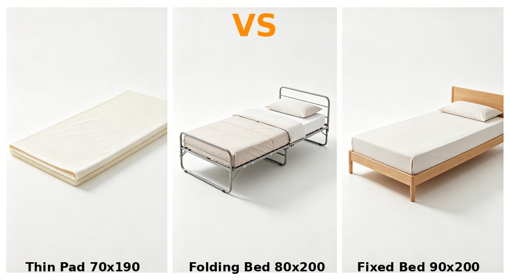 Split-view comparison of three bed types thin pad folding cot and fixed single bed with size labels showing temporary accommodation bedding format differences Split-view comparison of three bed types thin pad folding cot and fixed single bed with size labels showing temporary accommodation bedding format differences