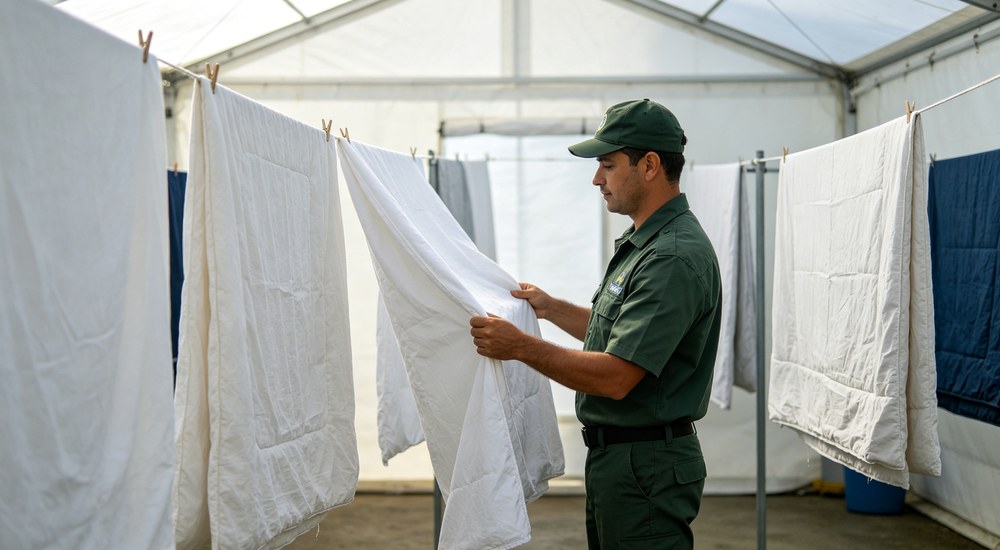 Interior tent photograph of international aid worker checking white bedding drying on clothesline in humid tent environment showing laundry challenges in refugee camps
