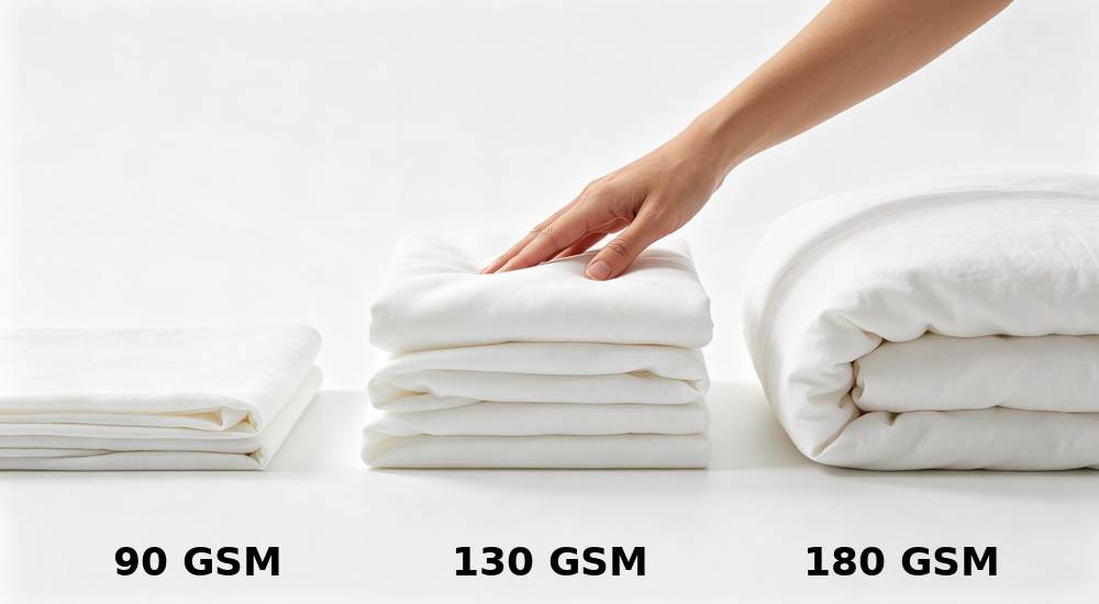 Flat lay comparison of three white fabric thickness stacks 90 GSM 130 GSM and 180 GSM with hand touching medium stack showing temporary accommodation bedding weight options