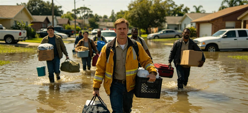 Flood evacuation people wading water for institutional procurement, inspection and supply planning