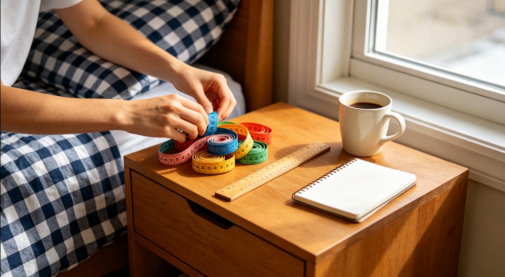 Warm bright bedroom scene with person arranging colorful measuring tapes wooden ruler and notebook on wooden bedside table, navy blue and white checkered bedding visible, coffee cup, natural window light