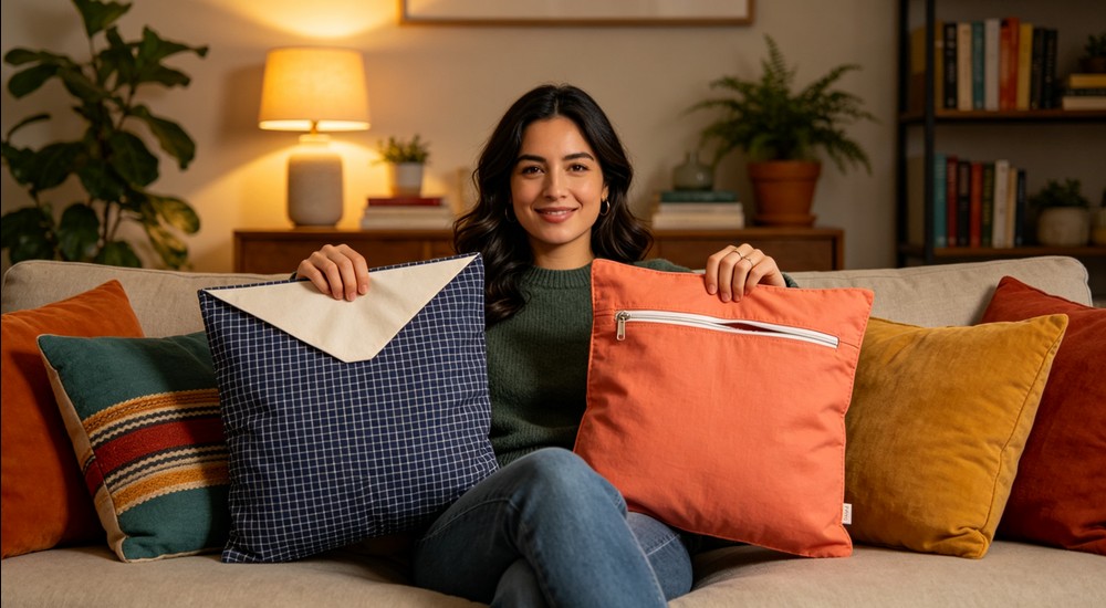 Bedroom scene with three duvets laid out on large bed showing zipper sky blue, button warm orange, and tie beige gingham closure styles, hand touching zipper, bright natural light