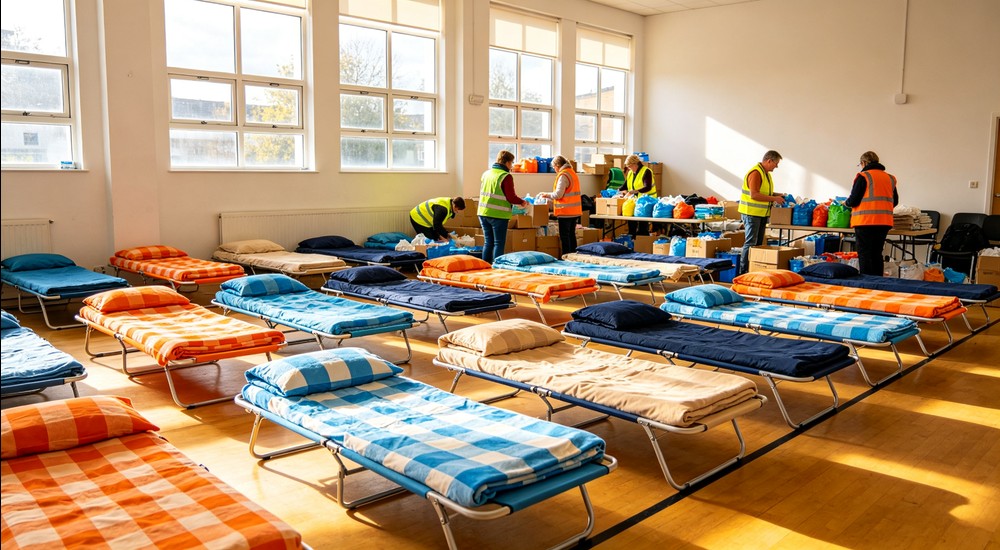 Bright sunny community center hall used as temporary accommodation, rows of folding beds with colorful checkered bedding, large windows sunlight streaming in, volunteers in bright vests, warm hopeful