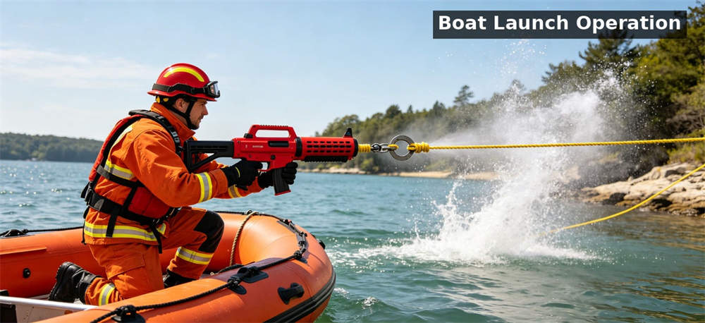 Gun style thrower red boat rescue scene for institutional procurement, inspection and supply planning