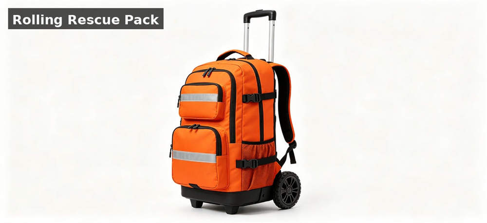 Rolling rescue backpack orange white bg for institutional procurement, inspection and supply planning