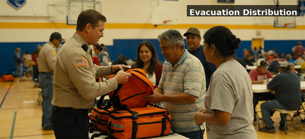 Emergency backpack evacuation distribution for institutional procurement, inspection and supply planning
