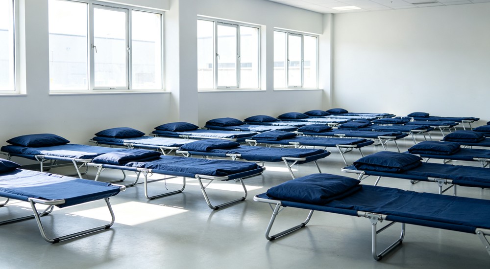 Action bright emergency shelter room with rows of folding cots all featuring uniform navy blue bedding near large windows