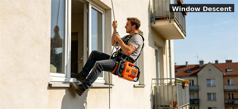 Worker demonstrating window descent with a fire escape rope kit for government stockpile, institutional supply and emergency